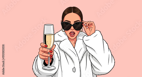 Woman enjoying champagne in luxurious white robe, celebrating special occasion with elegance and sophistication