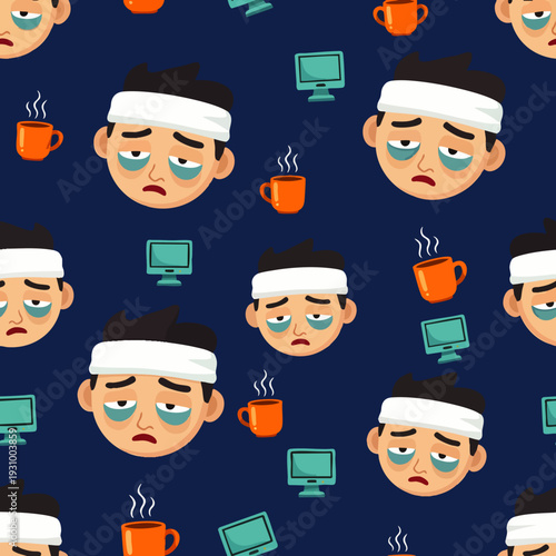 Seamless pattern of tired, sleepy men with dark circles, bandages, coffee cups, and computers, depicting exhaustion, stress, and burnout from overwork.