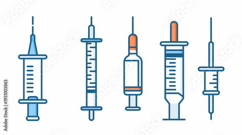 A collection of various syringes displayed in a flat, vector graphic design against a white backdrop