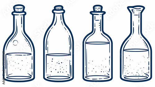 Hand-drawn ink illustration of four bottles with corks, varying levels of liquid