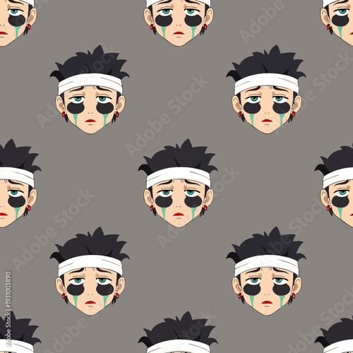 Seamless pattern of sad anime character faces with unique makeup, white headbands, and spiky dark hair, repeated on a solid grey background, vector.