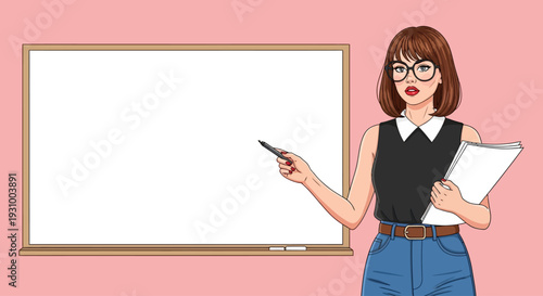 A cartoon female teacher presenting to a blank whiteboard in a classroom setting from a frontal viewpoint