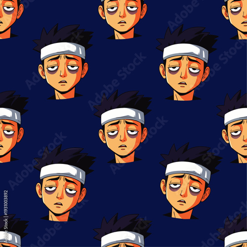Seamless pattern of a tired cartoon man's face with dark circles and a white headband, symbolizing exhaustion and fatigue on a dark blue background.