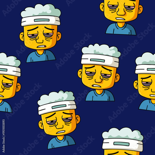 Seamless pattern of a tired, sick cartoon character with a bandage on their head, depicting exhaustion, illness, and recovery on a dark blue background.