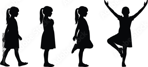Girl Silhouette Collection Showing Walking, Standing and Playing Poses, Isolated Child Figures on White Background for Childhood Concept
