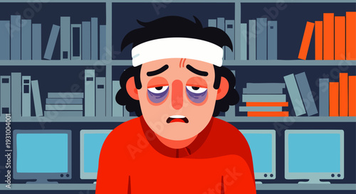 Illustration of a tired, stressed person with a head bandage and dark eye circles, depicting burnout, overwork, or mental fatigue in an office.