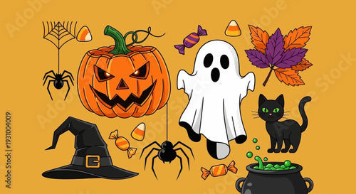 A vibrant Halloween scene featuring a ghost, cat, pumpkin, and witch's hat surrounded by autumn leaves and spiders