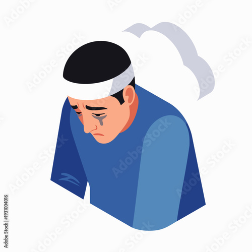 Isometric illustration of a man with a head injury, bandaged and crying, depicting pain, sadness, mental distress, and medical recovery.