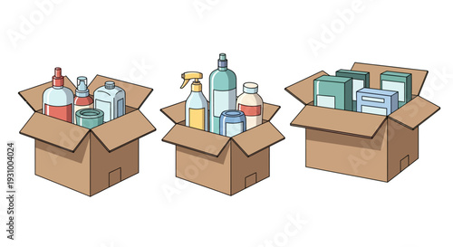Three cardboard boxes filled with various cleaning supplies and products on a plain background