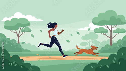 Active woman jogs through a beautiful green park with her happy brown dog running alongside her on a bright sunny day.