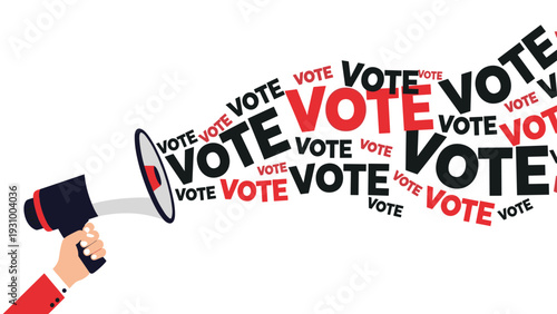 Hand holds a megaphone with multiple VOTE words in red and black colors flowing out to represent democratic elections.