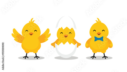 Trio of adorable yellow chicks celebrate together with one hatching from an egg and another wearing a blue bowtie.