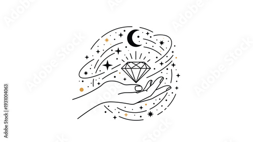 Elegant hand holds a sparkling diamond surrounded by a mystical arrangement of the moon, stars, and celestial patterns.