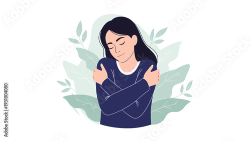 Gentle young woman hugs herself with a peaceful expression against a background of soft green leaves for self-love.