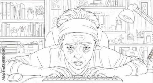 Exhausted man working late at computer desk, showing signs of burnout and stress, detailed line art for coloring book, overwork concept.