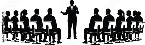 Business Presentation Silhouette with Speaker Addressing Audience, Corporate Meeting and Conference Scene Isolated on White Background for Training Concept