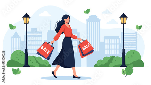 Stylish woman walks through a modern city park carrying red shopping bags with SALE text during a seasonal discount.
