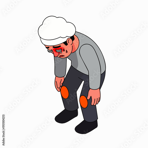 Isometric cartoon illustration of a sad and crying man with red eyes and tears, hunched over in despair, representing emotional distress and suffering.