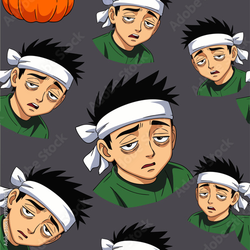 Seamless pattern of a tired young man with a headband, looking exhausted and sleepy, depicting fatigue, stress, or illness. Cartoon illustration for backgrounds.