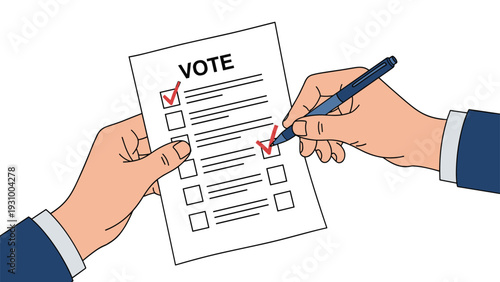 Two hands holding a ballot and using a blue pen to check boxes for VOTE during a democratic election process at a poll.