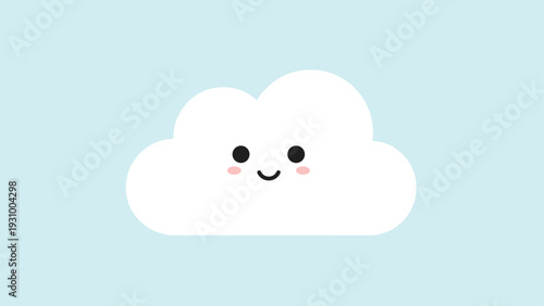 Cute white cloud with a simple smiling face and pink cheeks floating against a soft light blue sky background scene.