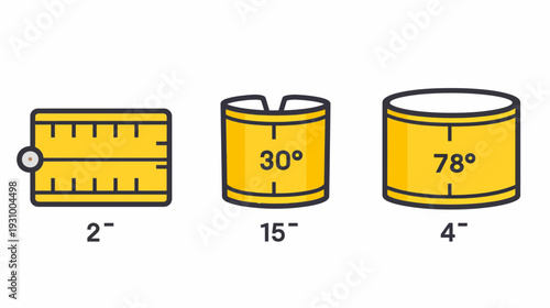 Three yellow measurement tools in a simple illustration a ruler, and two measuring tapes, with sizes and degrees