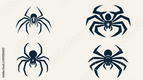Four stylized arachnids in dark blue on an off-white background. Geometric shapes