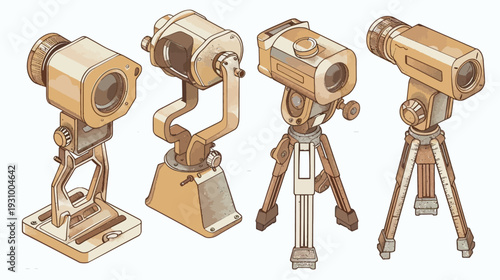 Four stylized illustrations of vintage, retro-styled viewing devices with differing designs
