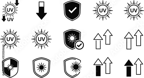 UV protection icons set with sun symbols, shields, arrows and ultraviolet signs, sunscreen safety and radiation protection vector illustration collection