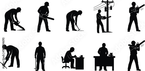 Worker silhouettes using power tools and industrial equipment, construction and maintenance labor set, electrician, technician and repairman vector illustration collection