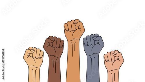 Group of five raised fists with diverse skin tones representing unity, protest, and social justice on white background.