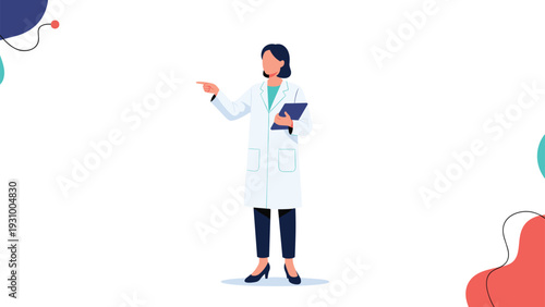 Professional female doctor in a white medical coat and navy pants pointing to a copy space on a clean background.