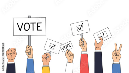 Diverse group of people raising their hands while holding vote signs and checked ballot cards to encourage active democratic participation.