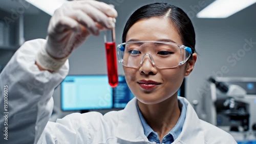 Wallpaper Mural Asian woman scientist examining red liquid in test tube in laboratory Torontodigital.ca