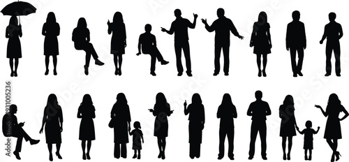 Diverse people silhouettes collection, standing, sitting and gesturing poses, everyday life characters, social interaction, lifestyle body language
