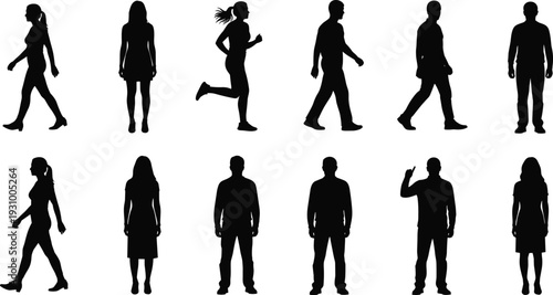 Human silhouettes walking, standing and running poses collection, diverse people movement, everyday activity, lifestyle body language set