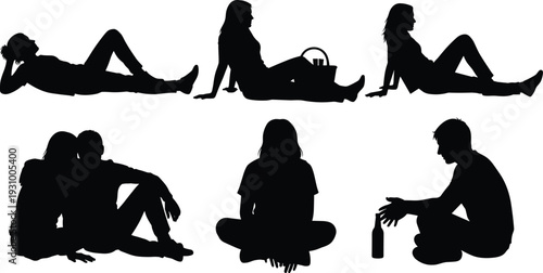 People silhouettes sitting, relaxing and socializing poses set, leisure lifestyle, friendship moments, casual activities, body language concepts