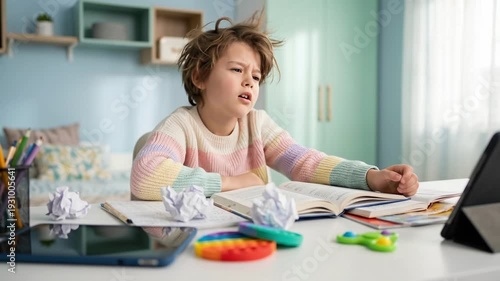 Sleepy Child Struggles with Homework at Desk - Early Morning Study Tiredness