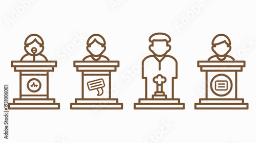Four brown illustrations of a person speaking at a podium with symbols on the front