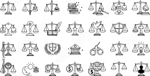 Hand-drawn doodle balance scale icons set representing law, justice, ethics, rights, and equality concepts.