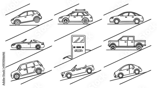 Hand Drawn Car and Gas Pump Vector Illustration Set