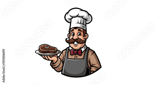 Cartoon Chef Holding Delicious Meat Dish.