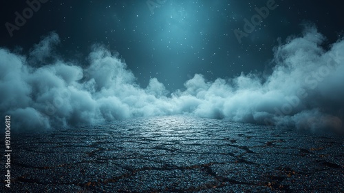 Mystical night scene Cracked asphalt road, ethereal clouds, starry sky; ideal for fantasy or sci-fi backgrounds