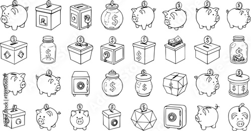 Variety of Money Saving Options: Hand-Drawn Piggy Banks, Jars, and Safes