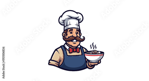Cartoon Chef Holding Steaming Bowl Soup.