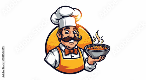 Cartoon Chef Holding Steaming Hot Bowl.