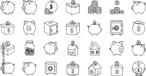Collection of Line Art Drawings: Money, Banking, and Finance Icons Featuring Piggy Banks, Vaults, and Savings Symbols