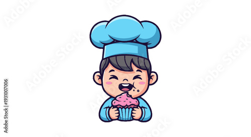 Cartoon Chef with Cupcake and Hat.