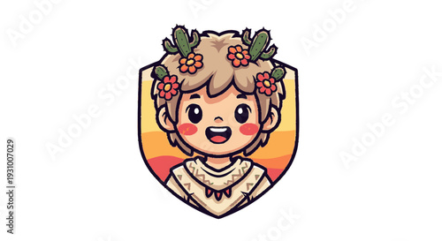 Cartoon Child Portrait with Fruit Wreath.