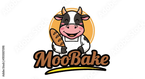 Cartoon Cow Baker Holding Loaf of Bread.